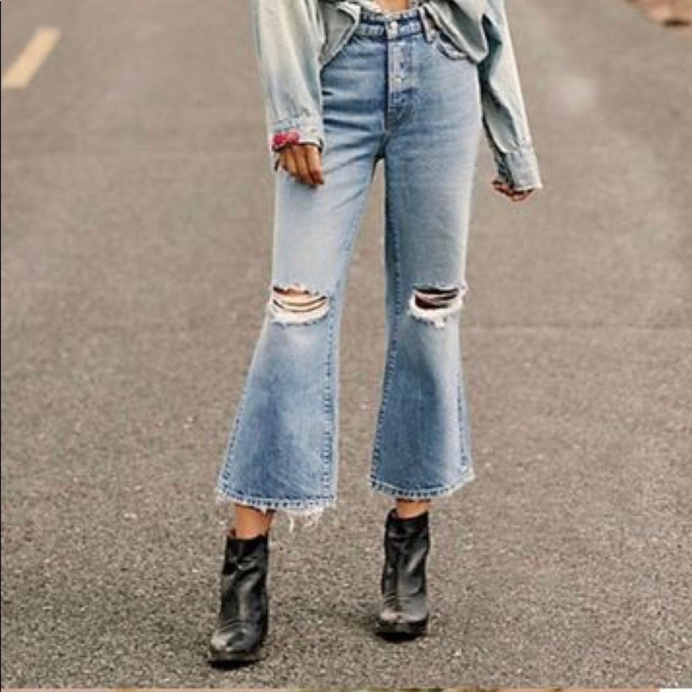 NWT Free People sz 31 Big Sur wide leg ripped jeans at knee button fly 25”inseam